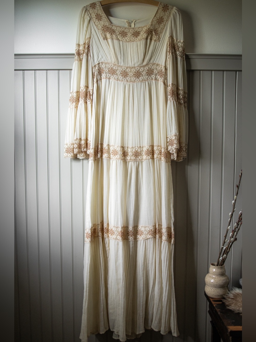 VTG 70s Roberta California Prairie Maxi Dress Ivory Lace Cottagecore Boho